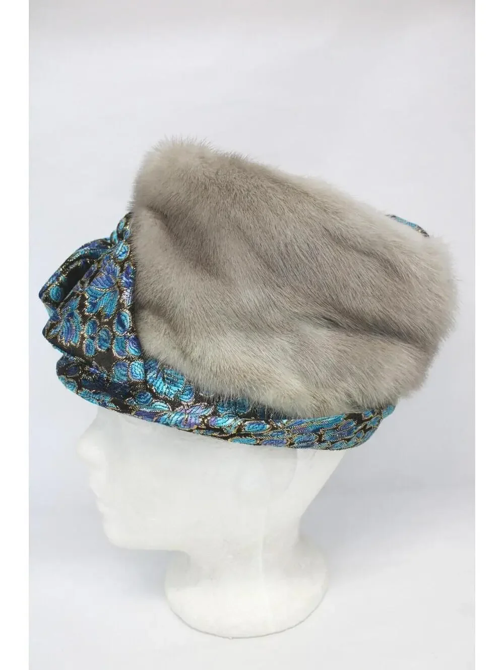 EXCELLENT CANADIAN SAPPHIRE MINK FUR & FABRIC HAT WOMEN WOMAN SIZE 20" - Picture 2 of 5